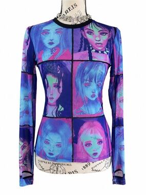 Current Mood Blue & Purple Mesh Long-Sleeve Graphic Top